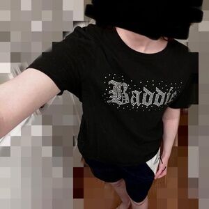 Forever 21 Baddie Black Rhinestone Fitted T-shirt Size Medium y2k